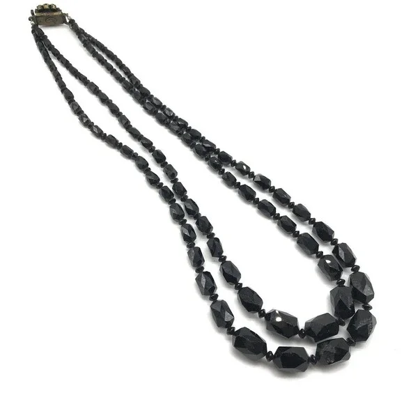 Antique Black Jet Faceted Glass Graduated Double Strand Flower Clasp Necklace - Picture 6 of 8